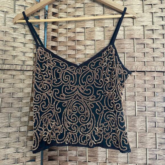 Vintage Cache Women's Sz 4 Top Cropped Silk Beaded Embellished Holiday brown - Picture 1 of 10